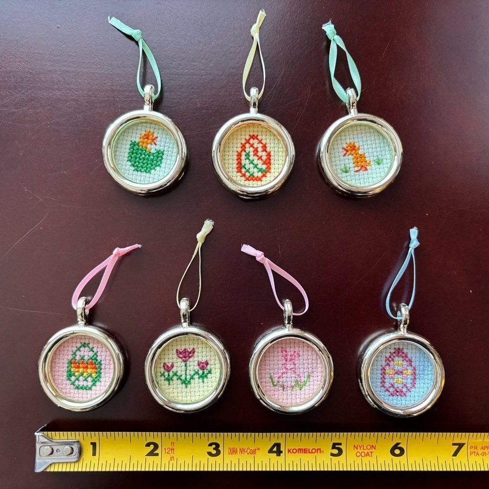 Lot Of 7 Easter Ornaments Cross Stitch 1.5” Framed Chicks Eggs Bunny Flowers Vtg